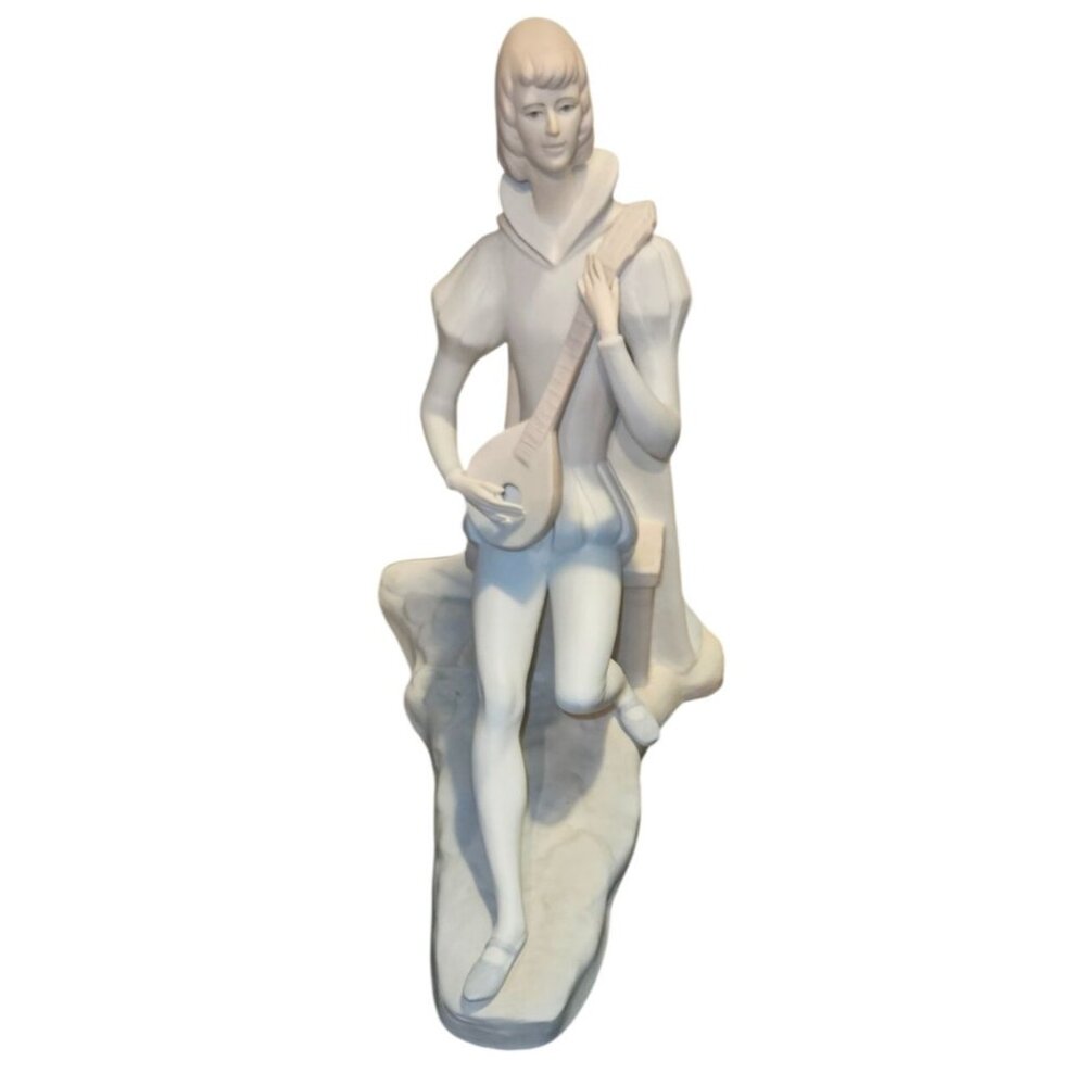 Vintage Figurine Porceval Porcelain Renaissance Musician Playing Lute‎ White 12"